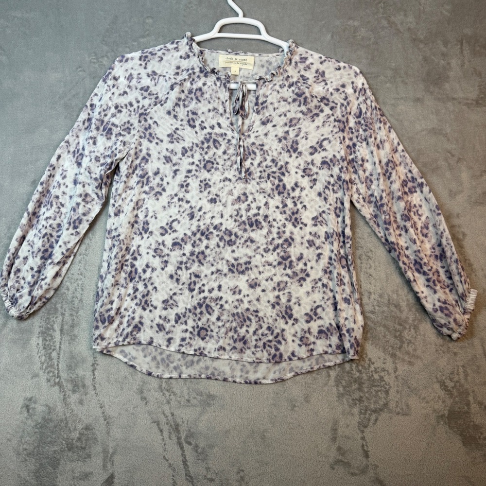Cloth & Stone Blouse Women Small Purple Leopard Print Ruffle Keyhole Tie Closure